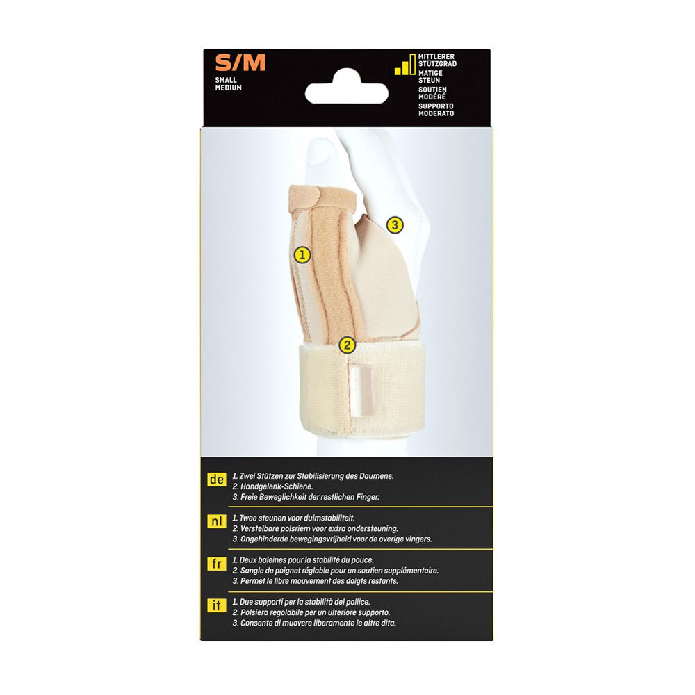 Rückseite der FUTURO Daumen-Schiene, Größe S/M. Produktmerkmale in Deutsch, Niederländisch, Französisch und Italienisch.