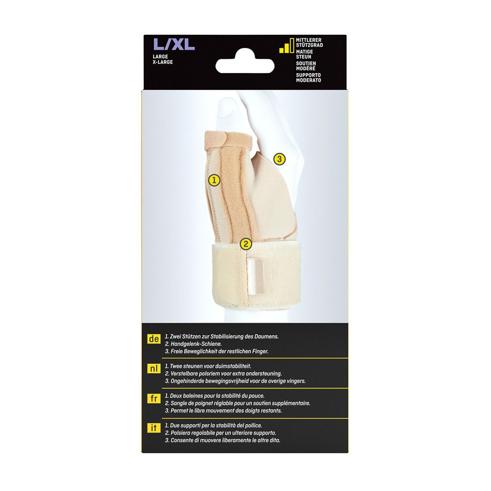 Rückseite der FUTURO Daumen-Schiene L/XL. Produktabbildung mit nummerierten Merkmalen. Text in Deutsch, Niederländisch, Französisch, und Italienisch.