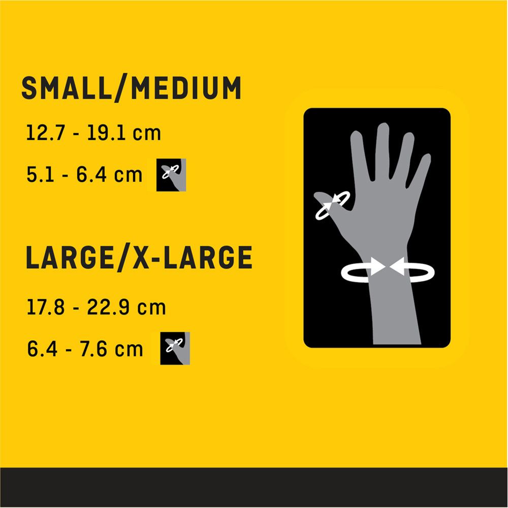 Größentabelle für FUTURO Daumen-Schiene. Größenangaben in cm und Illustration einer Hand mit Messpunkten. SMALL/MEDIUM und LARGE/X-LARGE.