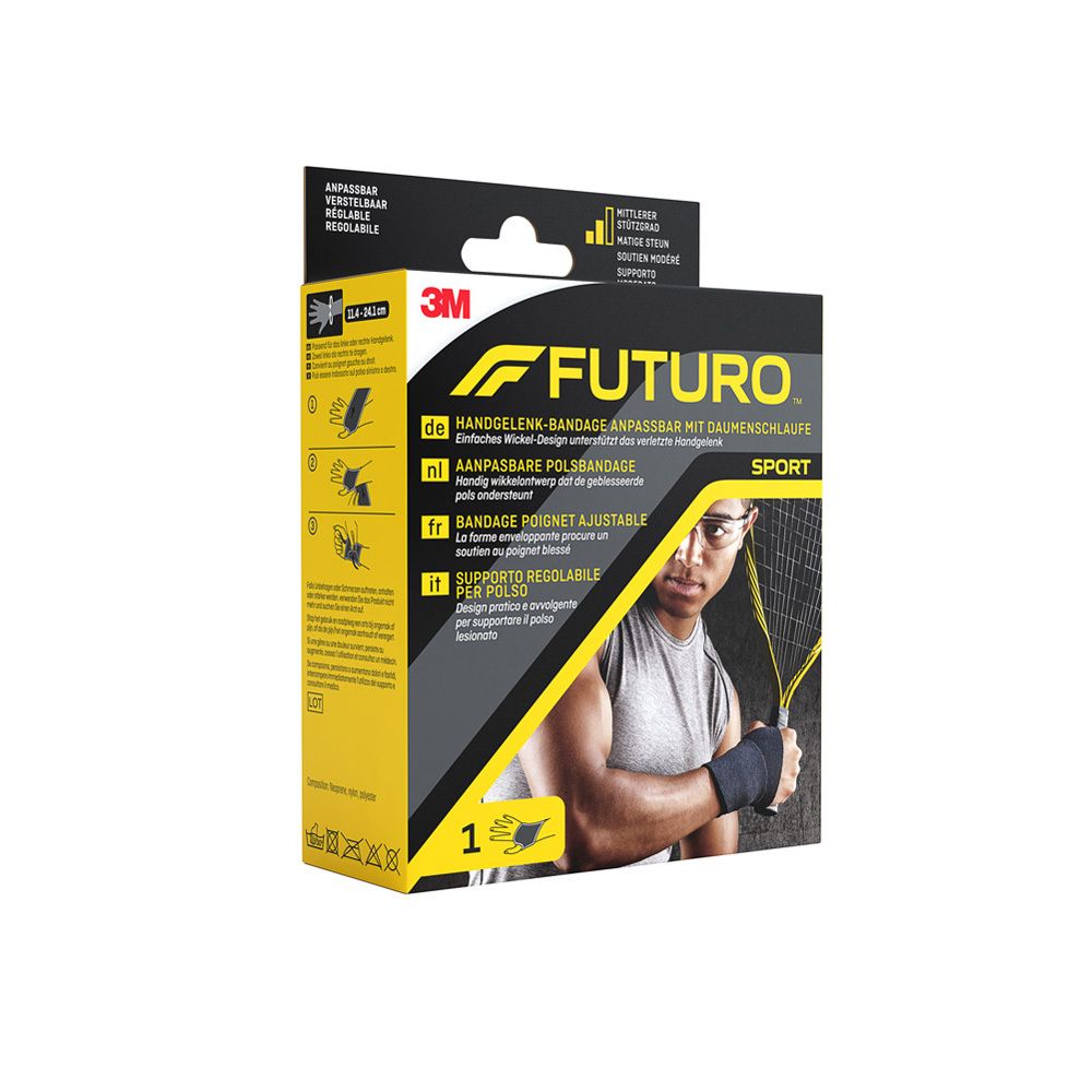 FUTURO® SPORT Handgelenk-Bandage, verpackt. Schwarze Bandage mit Daumenschlaufe. Aufdrucke in Deutsch, Niederländisch, Französisch und Italienisch.