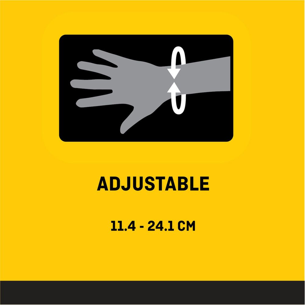 Diagramm mit Hand und Pfeilen. Text: ADJUSTABLE. Maße: 11,4 - 24,1 CM.