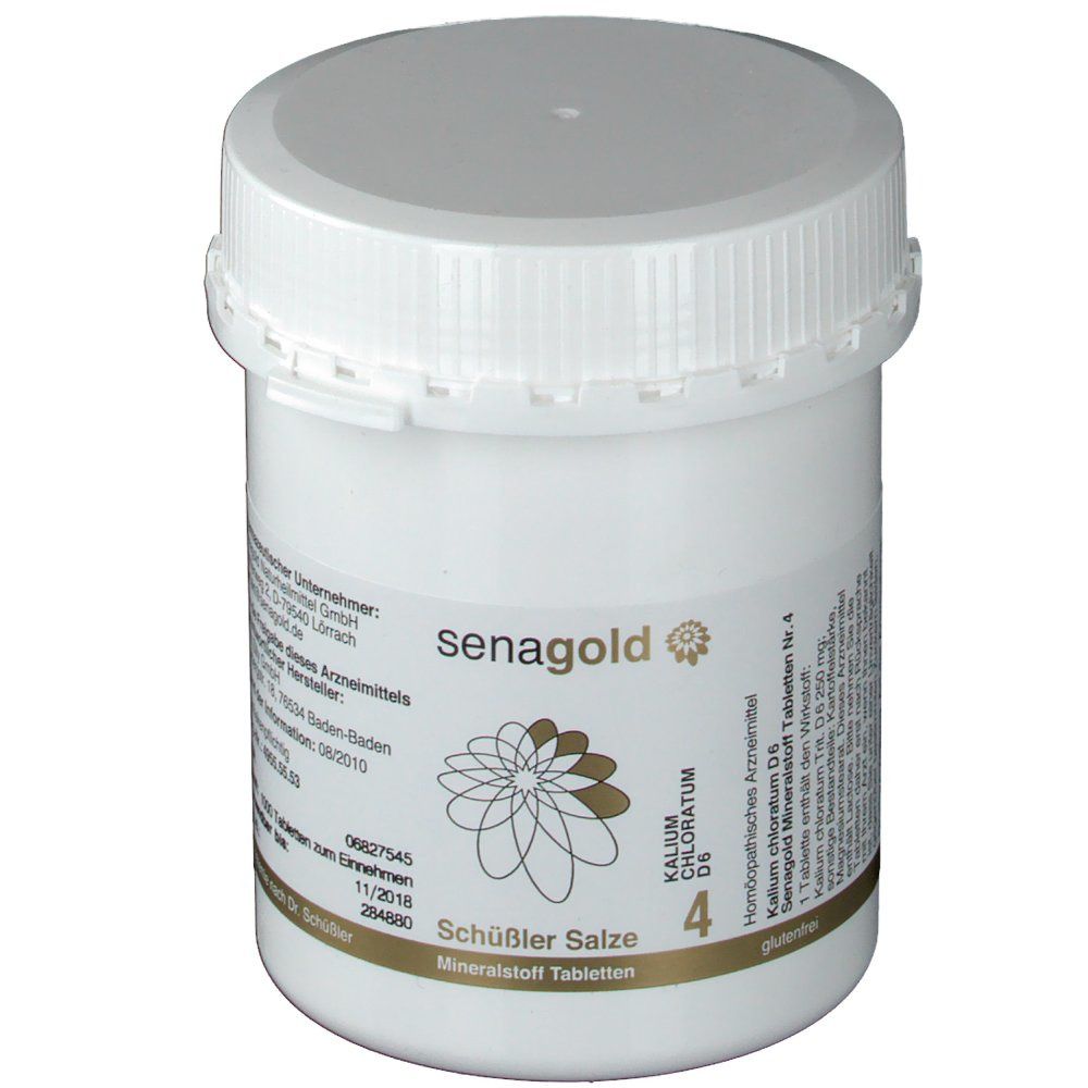 Weiße Dose mit Schraubverschluss. Aufschrift: senagold, Kalium chloratum D6, Schüßler Salze Nr. 4. Blühendes Logo.