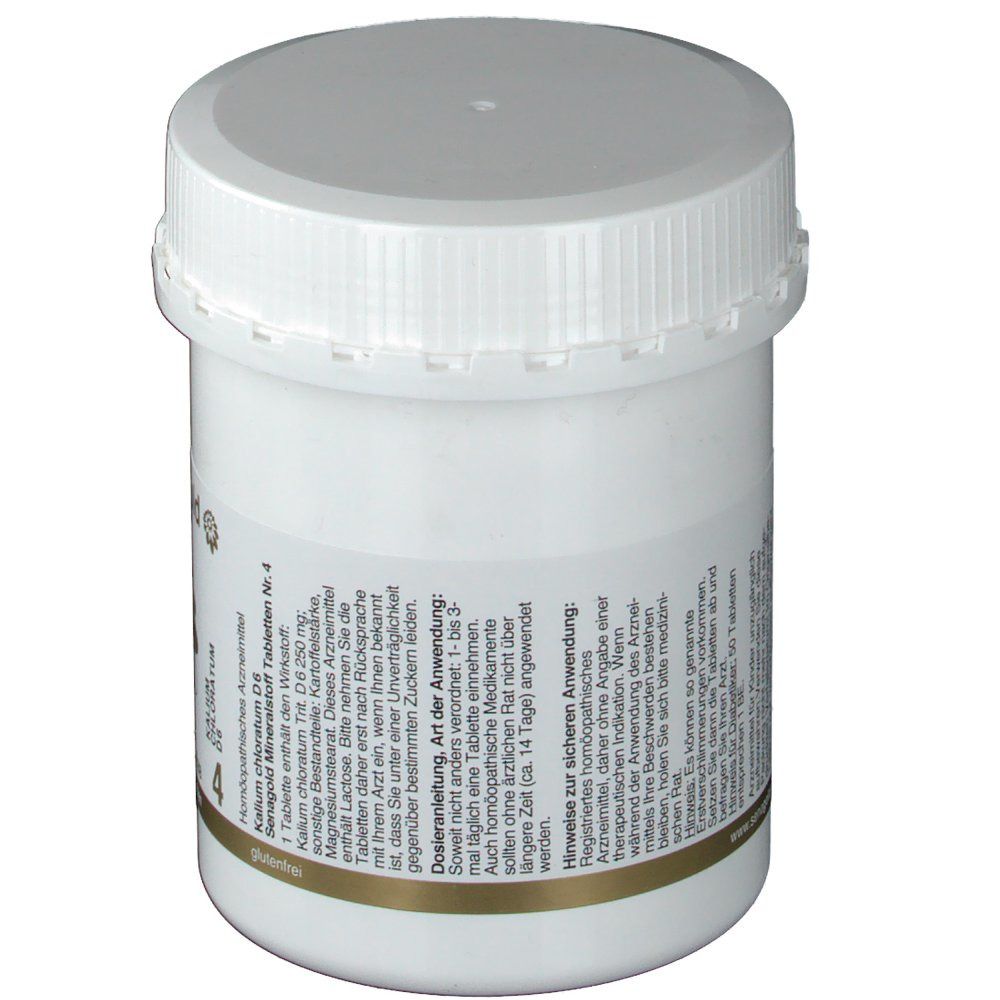 Weiße Dose mit Schraubverschluss. Aufschrift: Kalium chloratum D6. Text über Dosierung und Anwendung. Rückansicht.
