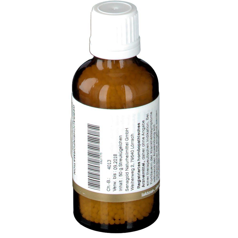 Braune Glasflasche mit weißem Deckel. Etikett mit Chargennummer und Verfallsdatum.