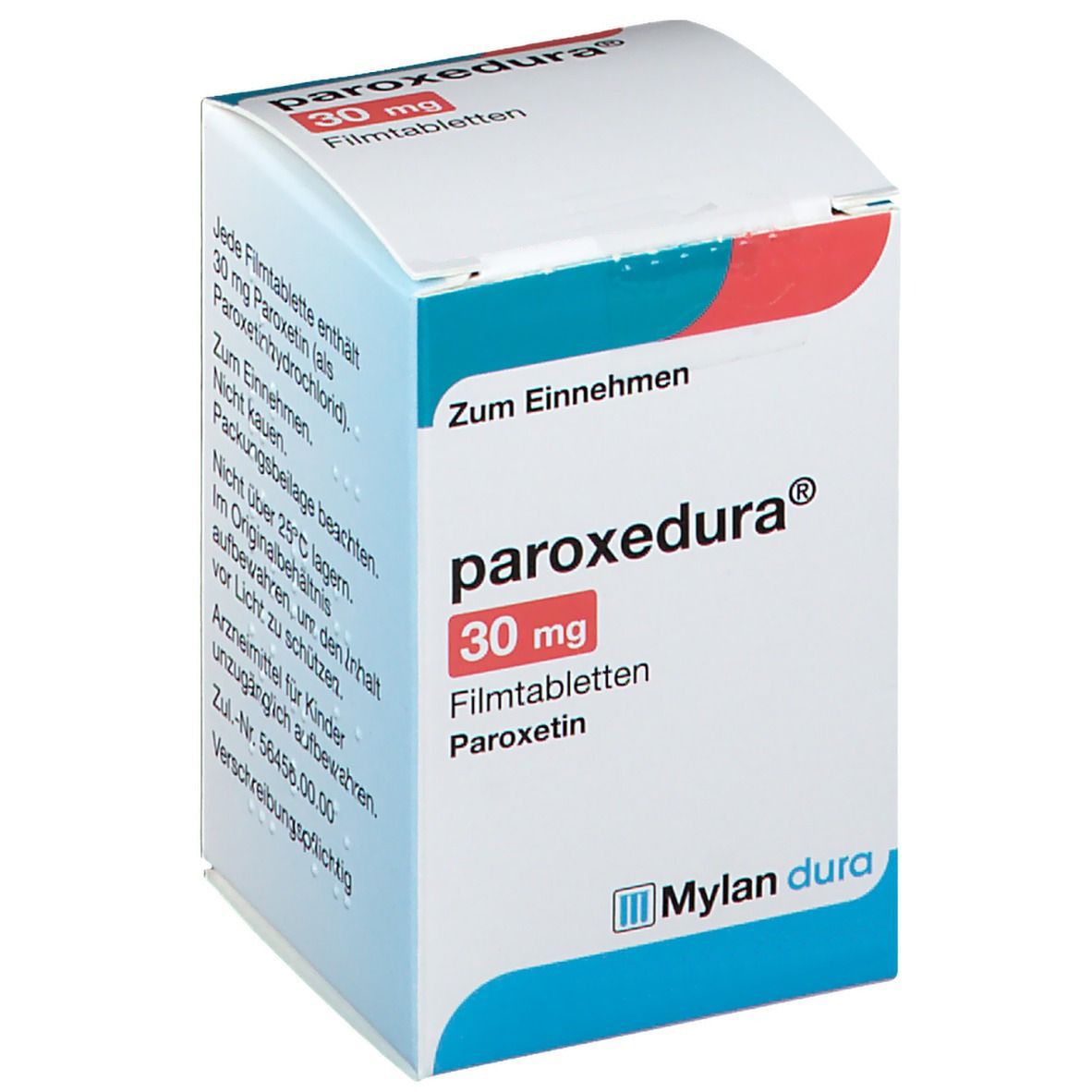 Weiße Faltschachtel mit Aufschrift paroxedura 30 mg Filmtabletten. Mylan dura Logo. Text: Zum Einnehmen.