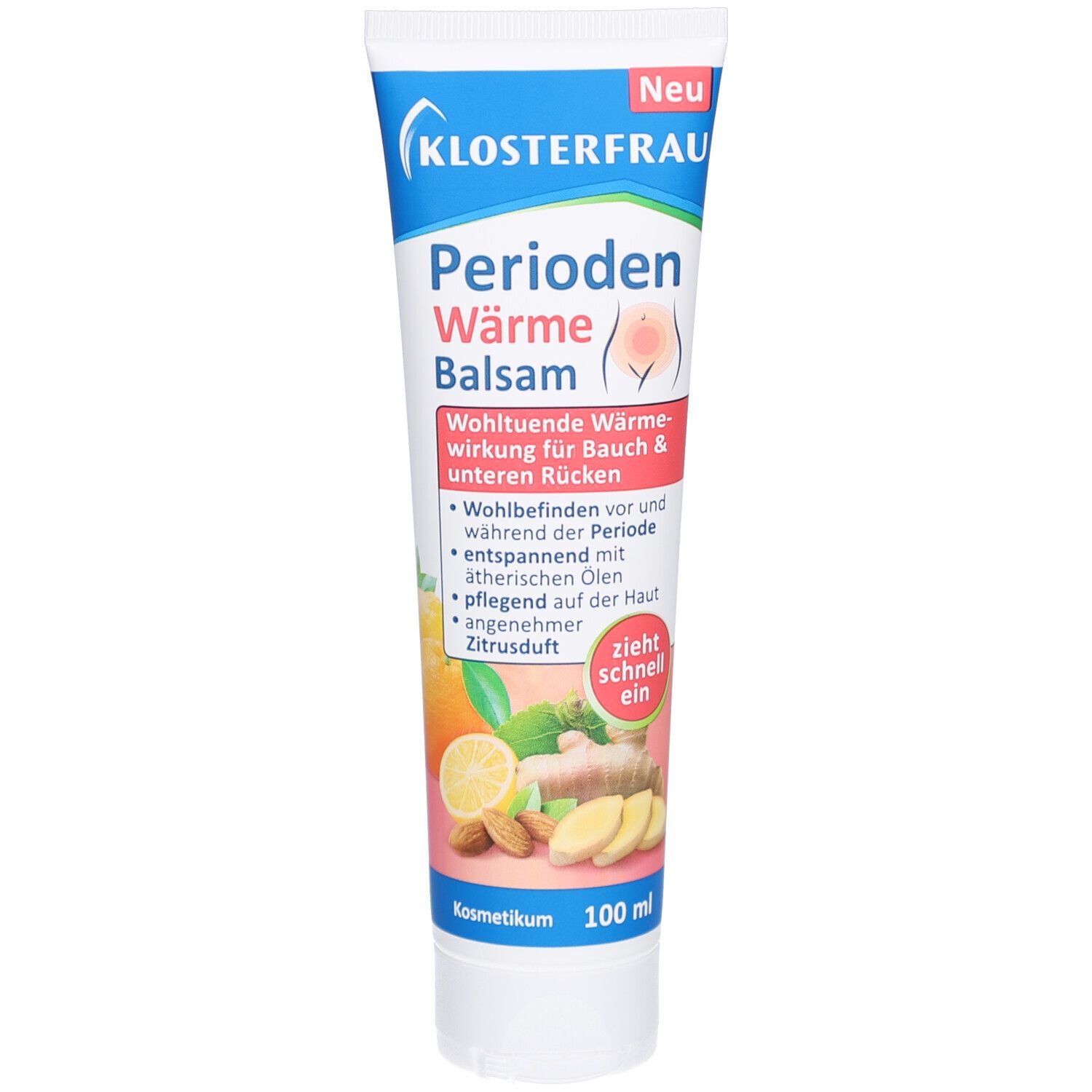 Tube KLOSTERFRAU Perioden Wärme Balsam. Weiß, blau, orange. Mit Illustrationen von Bauch und Zutaten. 100 ml.
