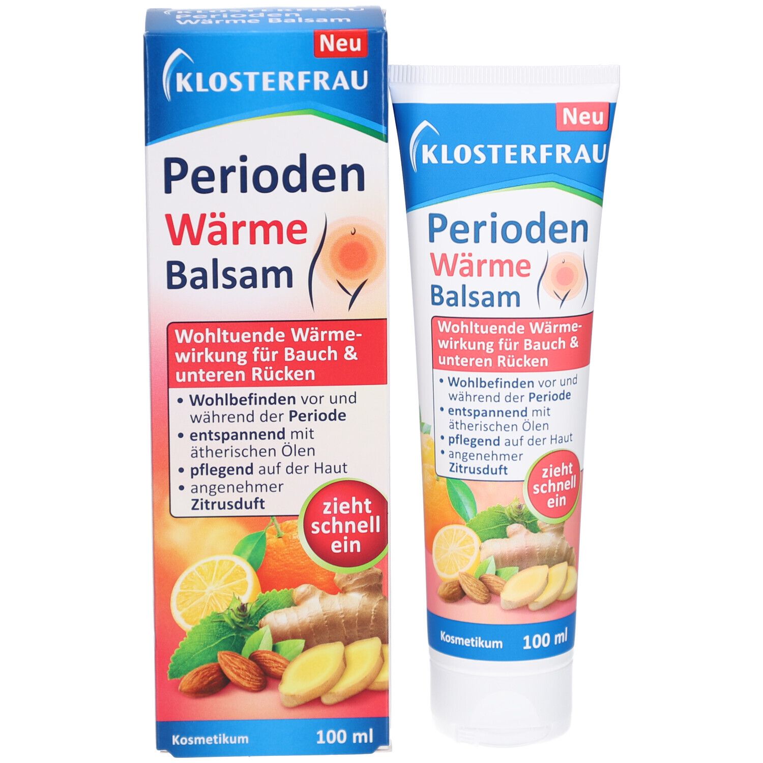 KLOSTERFRAU Perioden Wärme Balsam Tube und Schachtel. Blau, orange, weiß. Produktabbildung und Zutaten.
