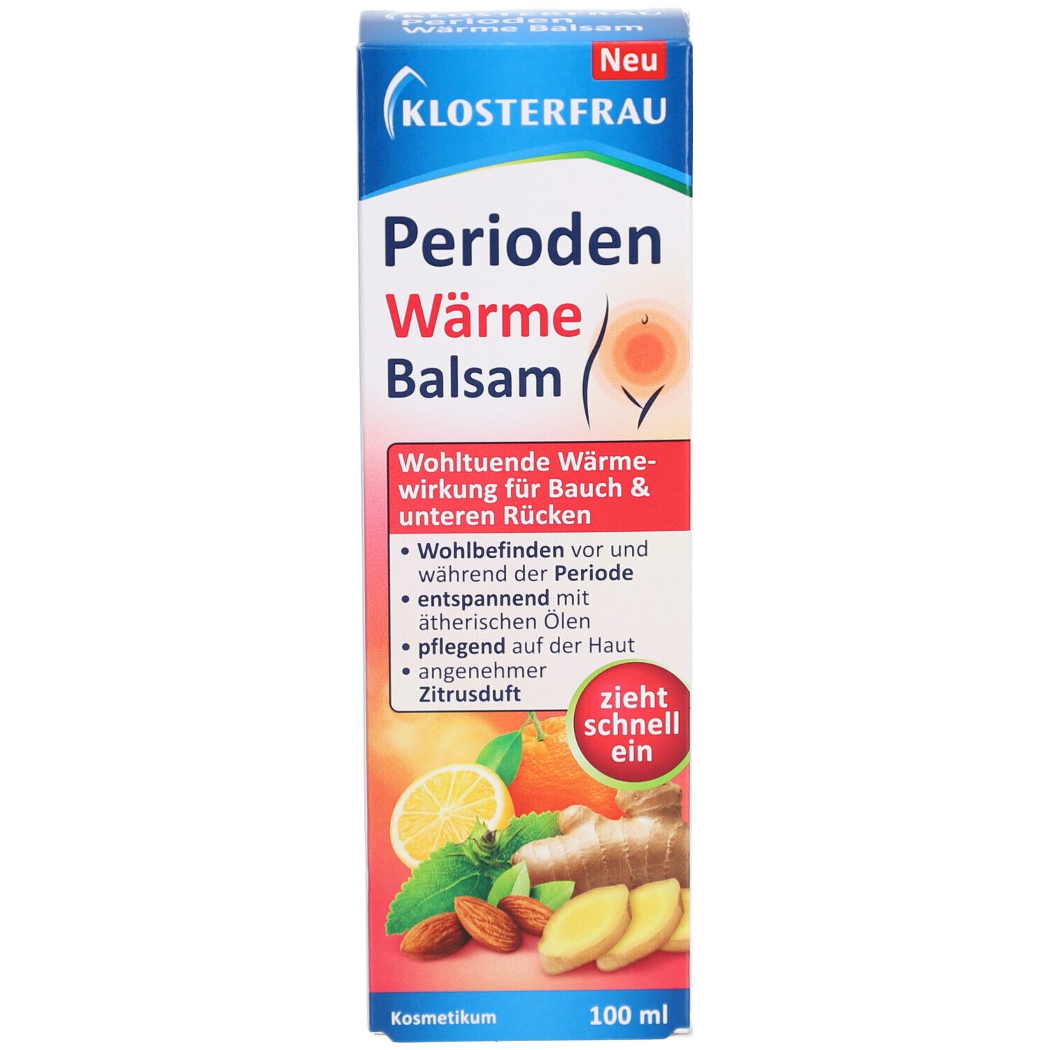 Schachtel KLOSTERFRAU Perioden Wärme Balsam. Blau, orange, weiß. Produktabbildung und Text.