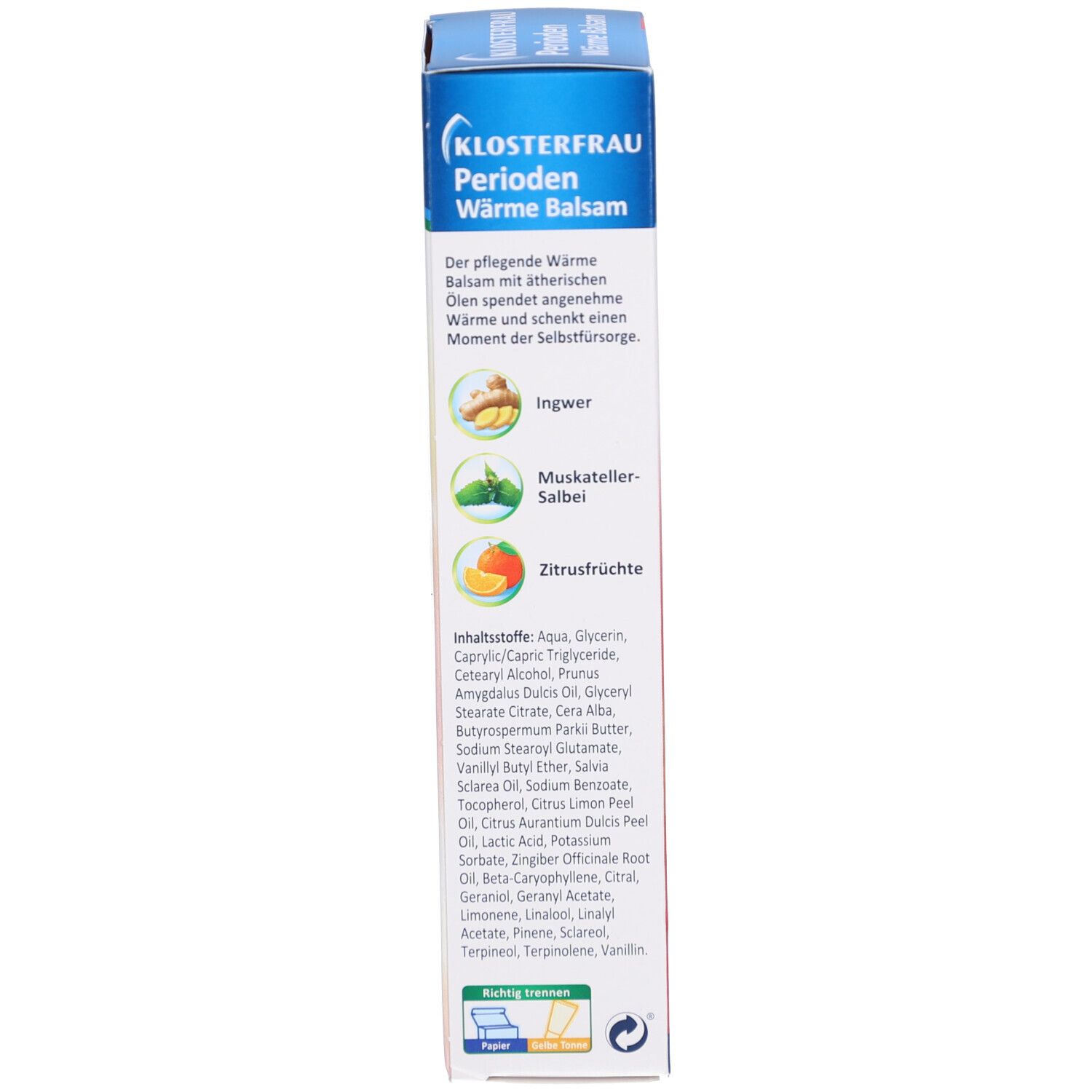 Seite der Schachtel KLOSTERFRAU Perioden Wärme Balsam. Text und Illustrationen. Blauer Hintergrund.