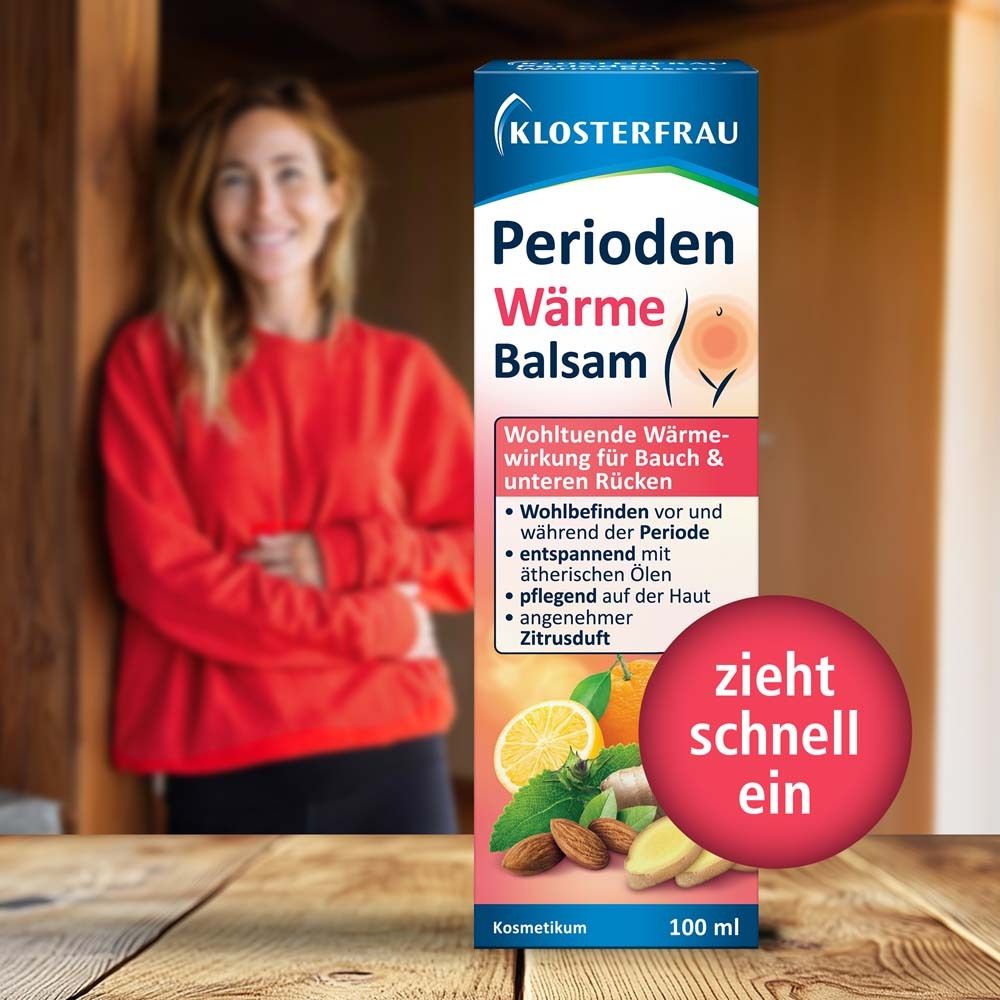 Frau und Produkt. Text: Perioden Wärme Balsam. Illustration: Bauch. Text: zieht schnell ein. 100 ml.