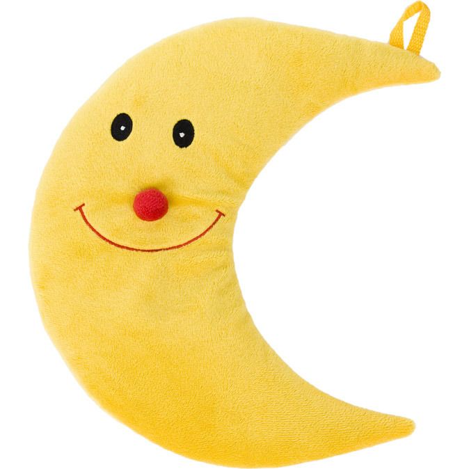 Gelber Mond aus Plüsch mit aufgesticktem Gesicht und roter Nase. Mit Aufhängeschlaufe.