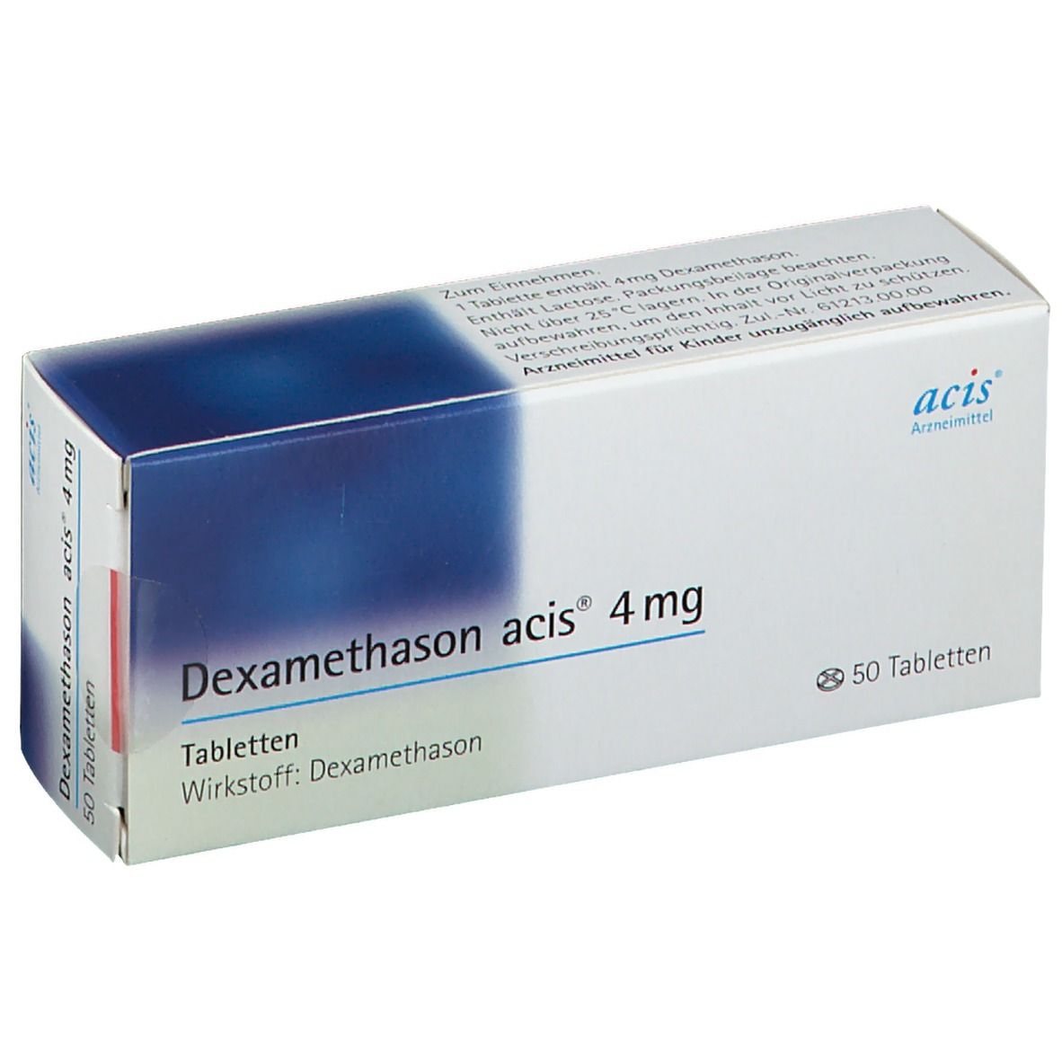 Schachtel mit Dexamethason acis® 4 mg Tabletten. Blaue und weiße Verpackung. Enthält 50 Tabletten. Acis Arzneimittel Logo.