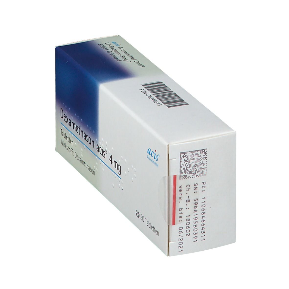 Schachtel mit Dexamethason acis® 4 mg Tabletten. Blaue und weiße Verpackung. Enthält 50 Tabletten. Acis Arzneimittel Logo. Detailansicht der Verpackung.
