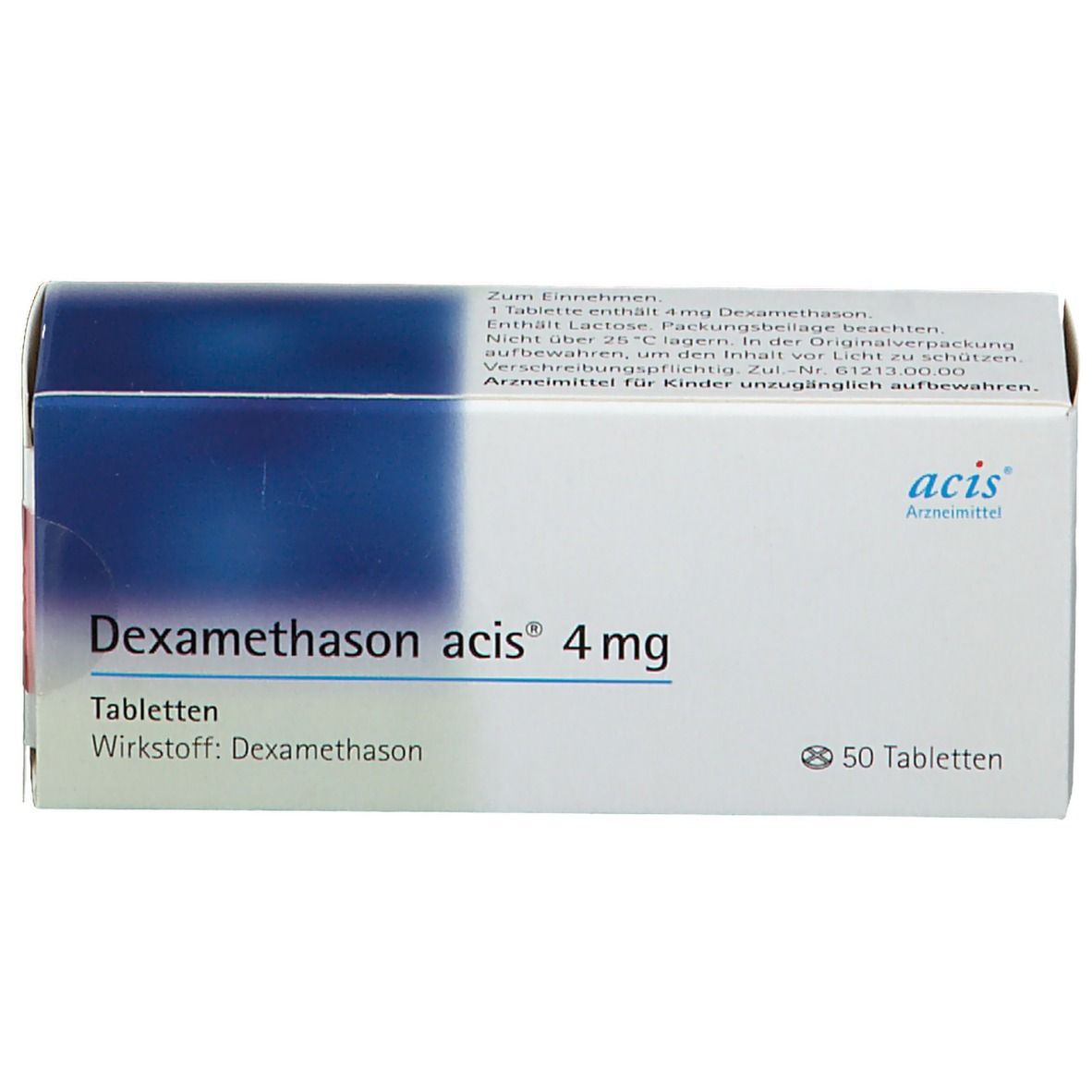 Schachtel mit Dexamethason acis® 4 mg Tabletten. Blaue und weiße Verpackung. Enthält 50 Tabletten. Acis Arzneimittel Logo.