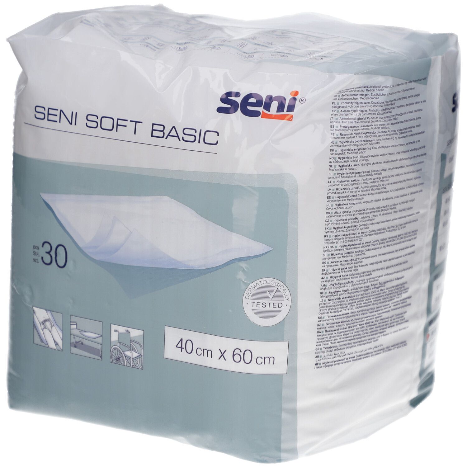 Verpackung Seni Soft Basic, 40x60 cm, 30 Stück. Produktname und Größe deutlich sichtbar. Zertifizierungslogo.