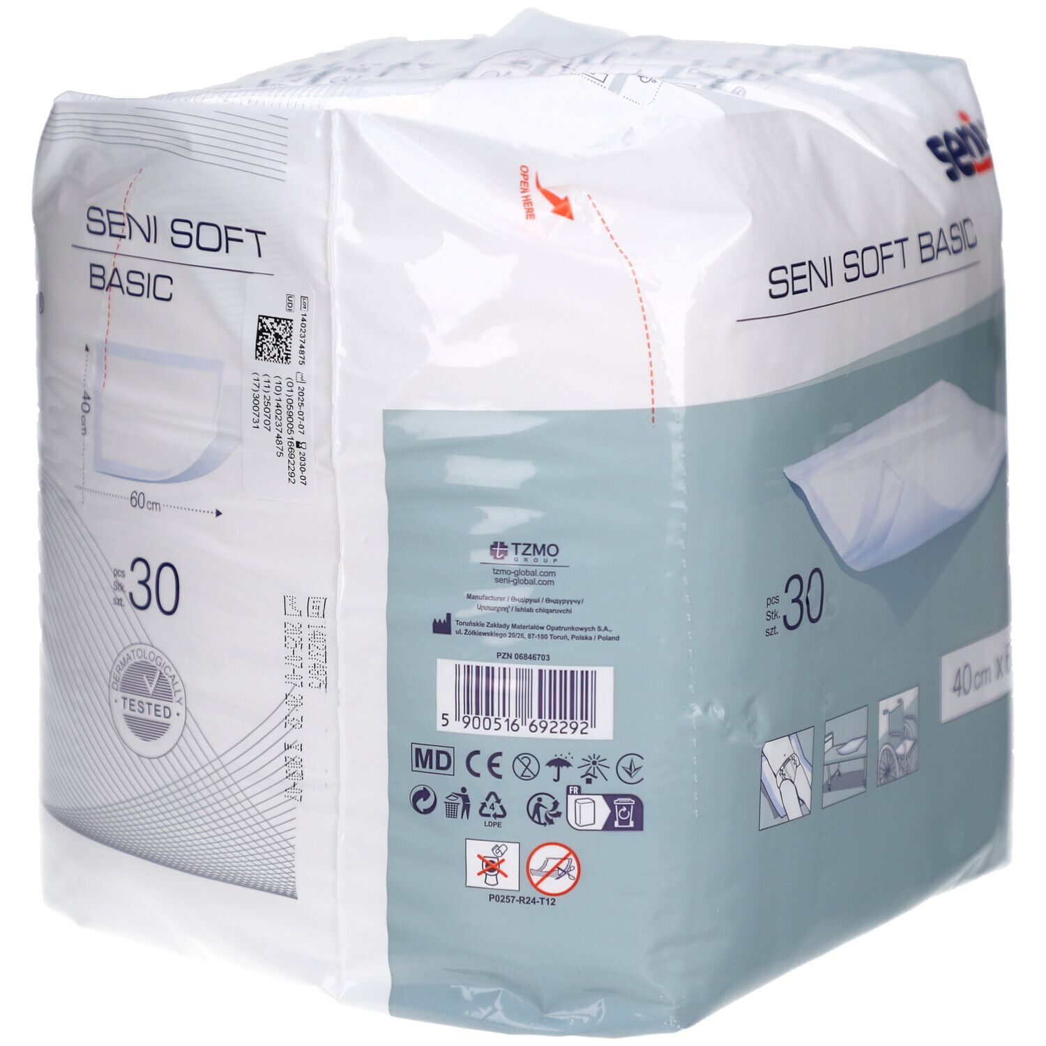 Verpackung Seni Soft Basic, 40x60 cm, 30 Stück. Produktname und Größe sichtbar. Barcode und Zertifizierungen.