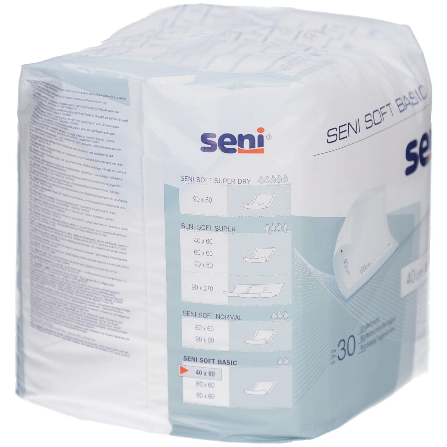Verpackung Seni Soft Basic, 40x60 cm, 30 Stück. Produktname und Größenübersicht. Seni-Logo.