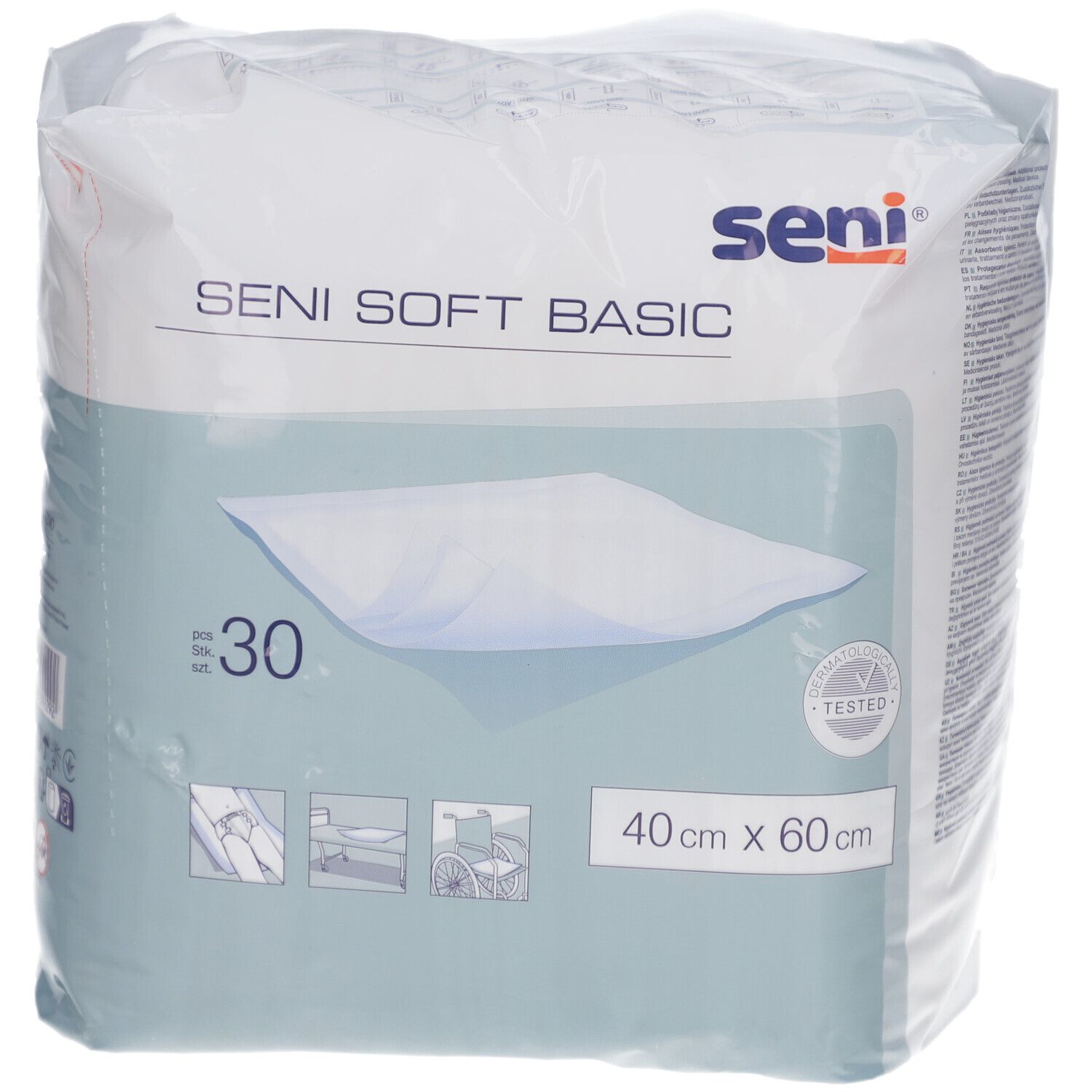 Verpackung Seni Soft Basic, 40x60 cm, 30 Stück. Produktname und Größe deutlich sichtbar. Zertifizierungslogo.