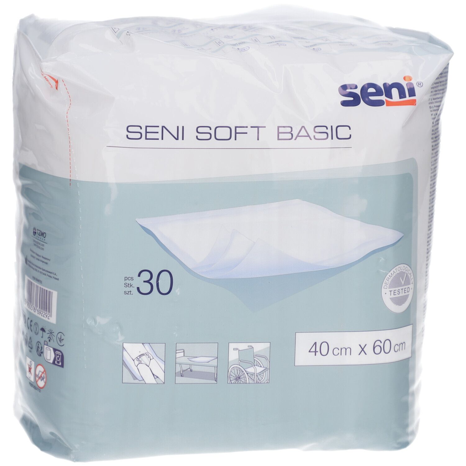 Verpackung Seni Soft Basic, 40x60 cm, 30 Stück. Logo Seni, Produktname, Größe und Zertifizierung.