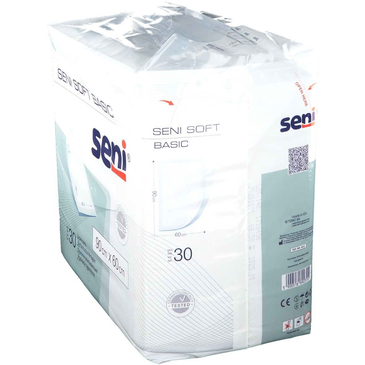 Packung SENI SOFT BASIC Bettschutzunterlagen, 30 Stück, 90x60 cm, mit QR-Code.