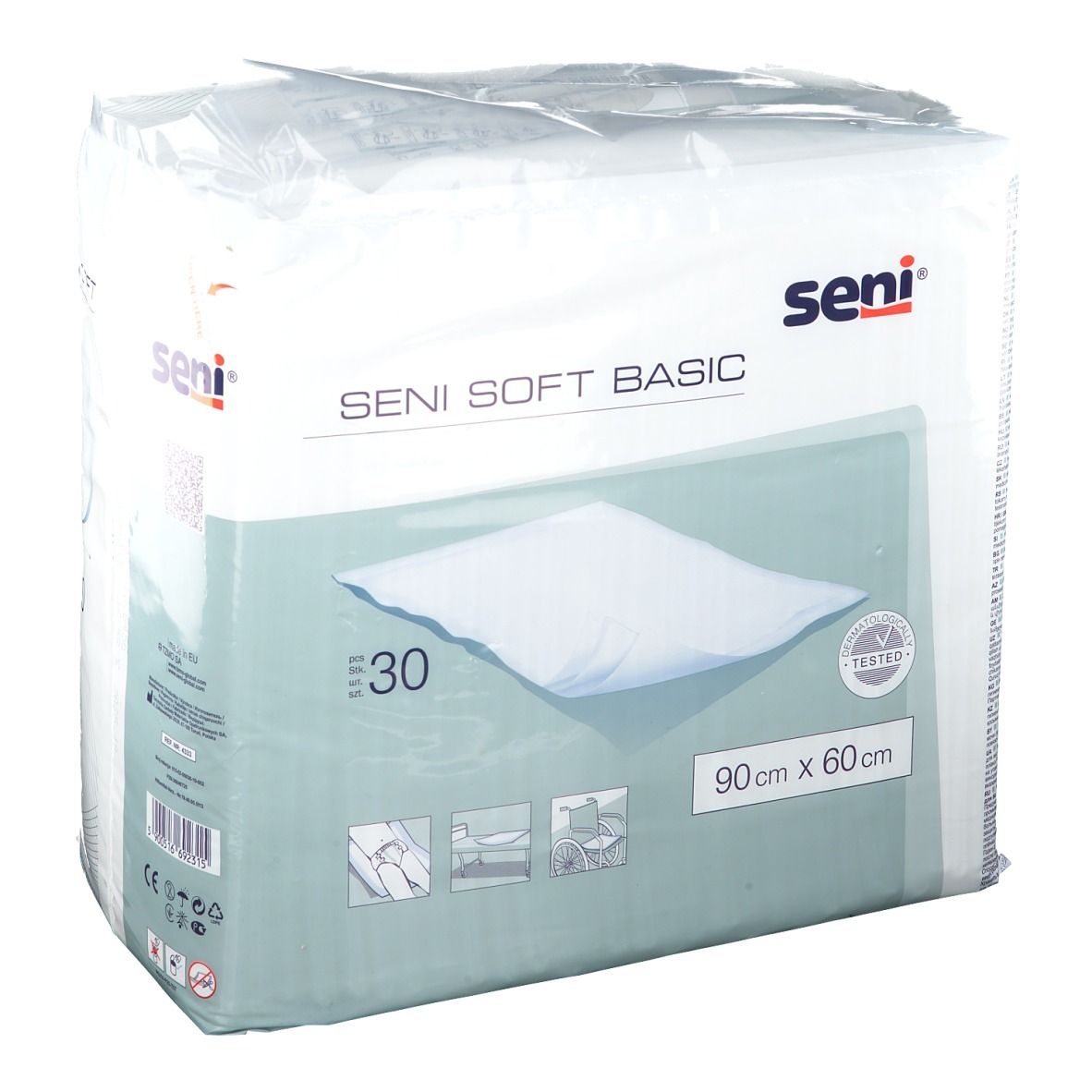 Packung SENI SOFT BASIC Bettschutzunterlagen, 30 Stück, 90x60 cm, mit Produktabbildung.