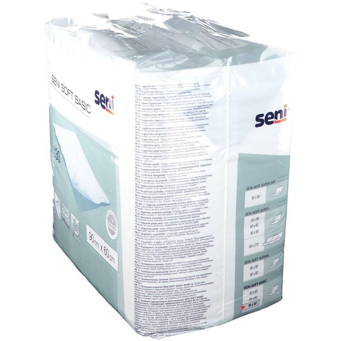 Packung SENI SOFT BASIC Bettschutzunterlagen, 30 Stück, 90x60 cm, mit Größenübersicht.