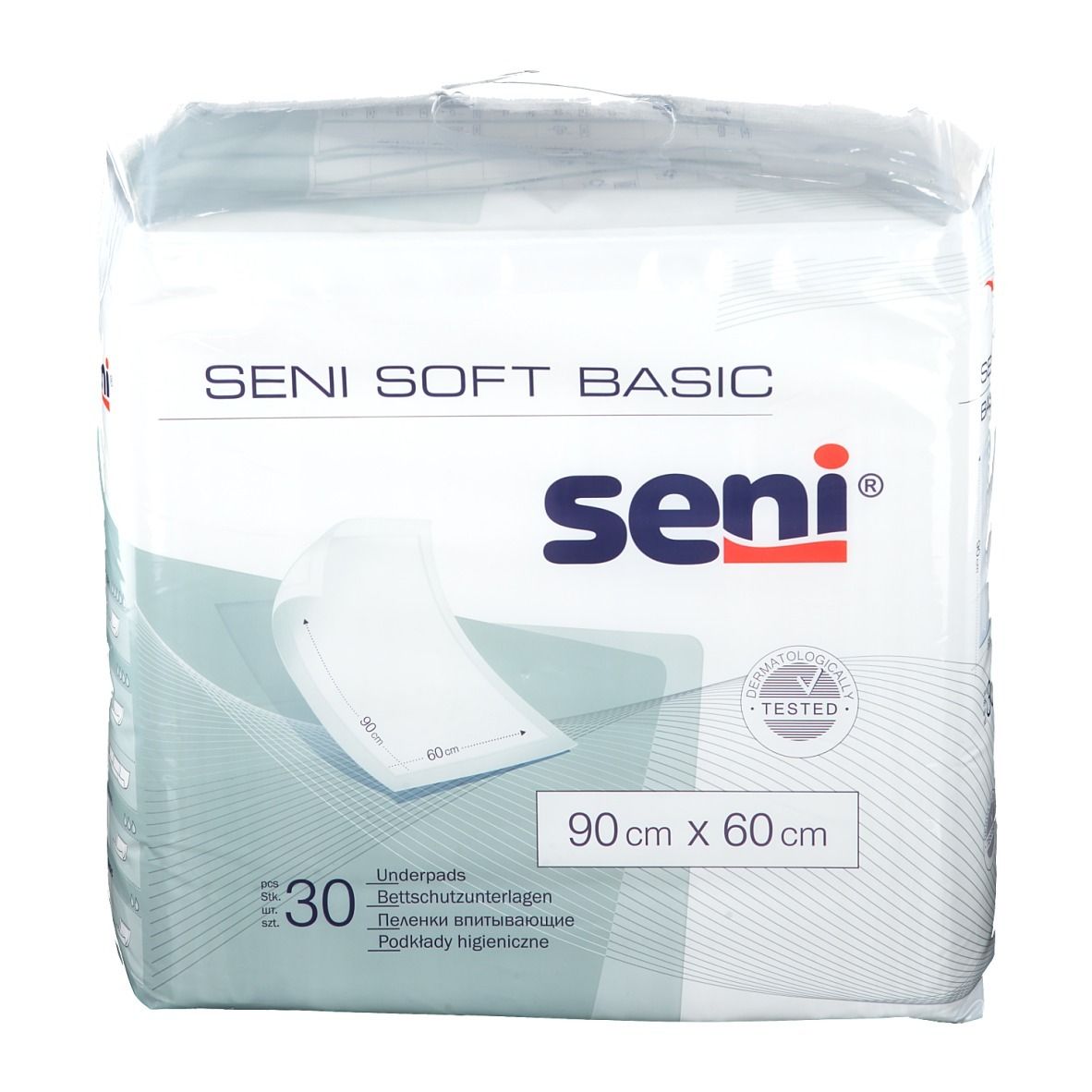 Packung SENI SOFT BASIC Bettschutzunterlagen, 30 Stück, 90x60 cm, mit Produktabbildung und Größenübersicht.