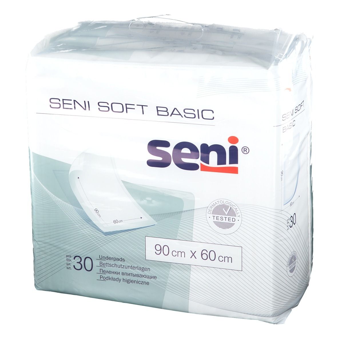 Packung SENI SOFT BASIC Bettschutzunterlagen, 30 Stück, 90x60 cm, mit Produktabbildung.
