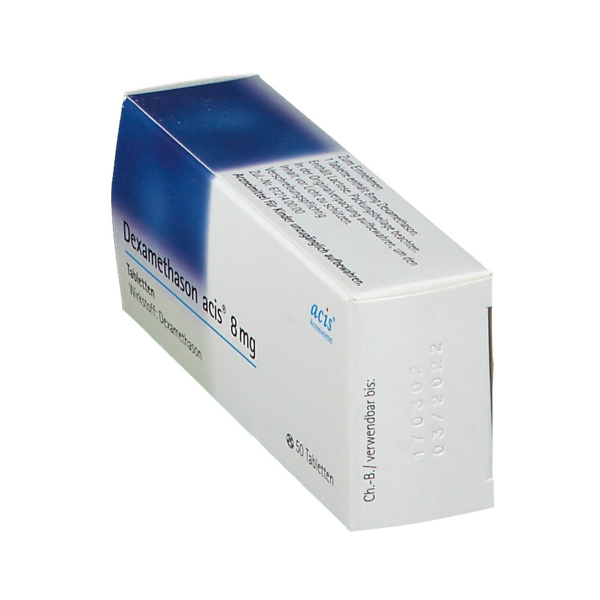 Schachtel mit DEXAMETHASON acis 8 mg Tabletten. Blaue und weiße Verpackung. Aufschrift: 50 Tabletten. Haltbarkeitsdatum.