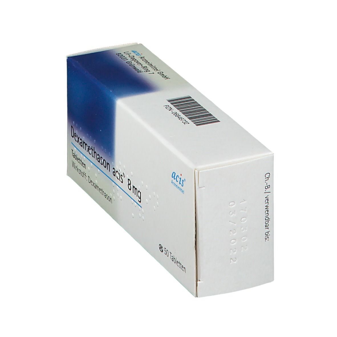 Schachtel mit DEXAMETHASON acis 8 mg Tabletten. Blaue und weiße Verpackung. Aufschrift: 50 Tabletten. Haltbarkeitsdatum.