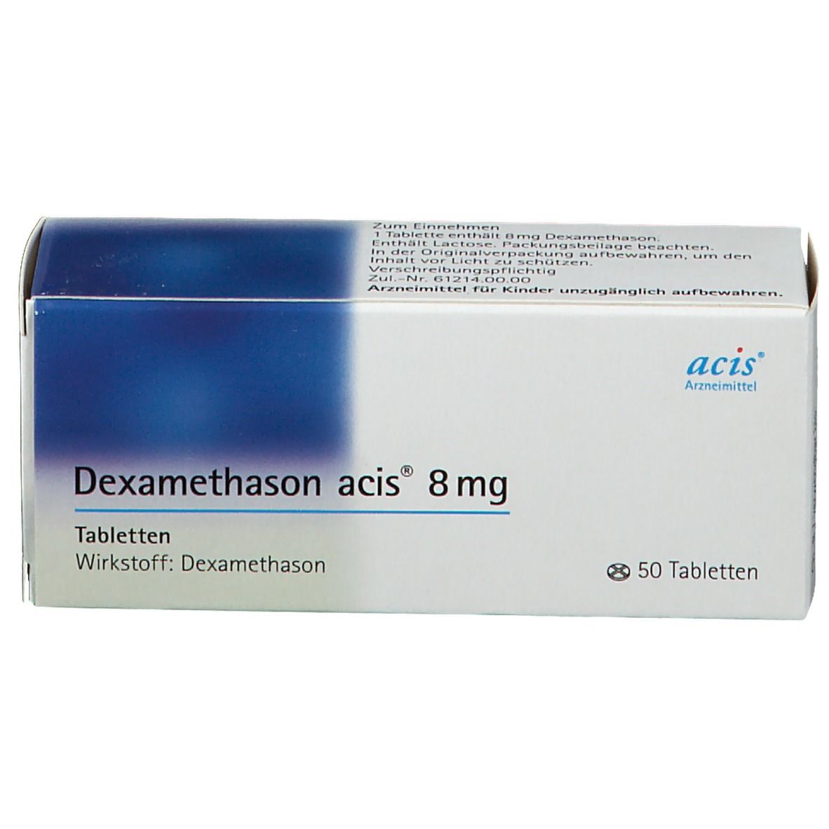Schachtel mit DEXAMETHASON acis 8 mg Tabletten. Blaue und weiße Verpackung. Aufschrift: 50 Tabletten.