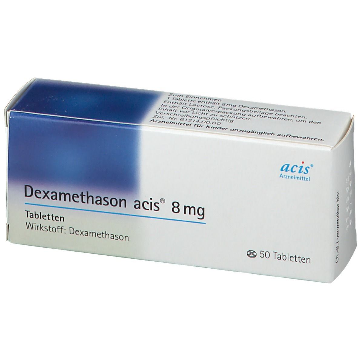 Schachtel mit DEXAMETHASON acis 8 mg Tabletten. Blaue und weiße Verpackung. Aufschrift: 50 Tabletten.