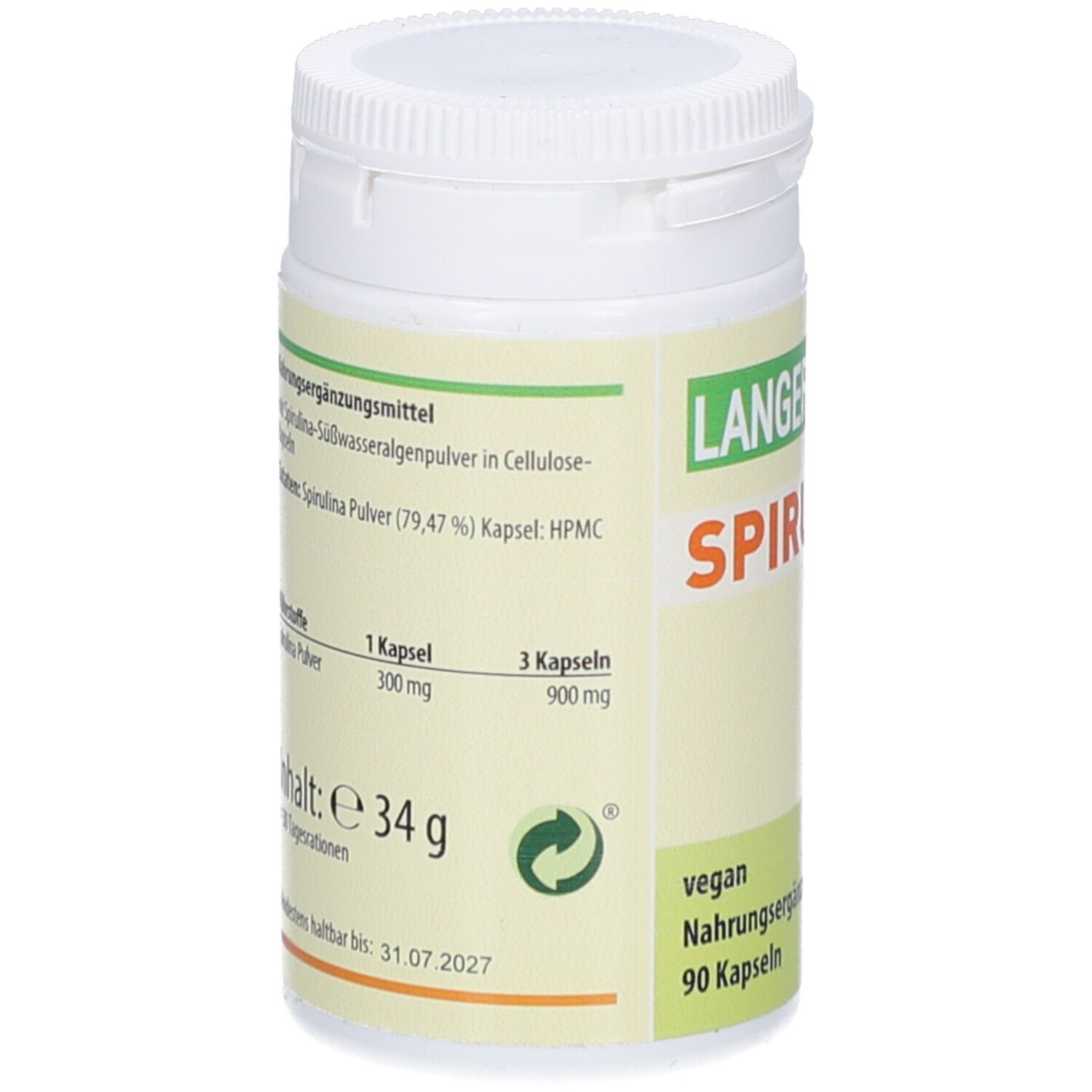 Weiße Dose mit Schraubverschluss. Aufschrift: Langer-vital Spirulina. Zutatenliste, Nährwertangaben, Inhalt: 34g.