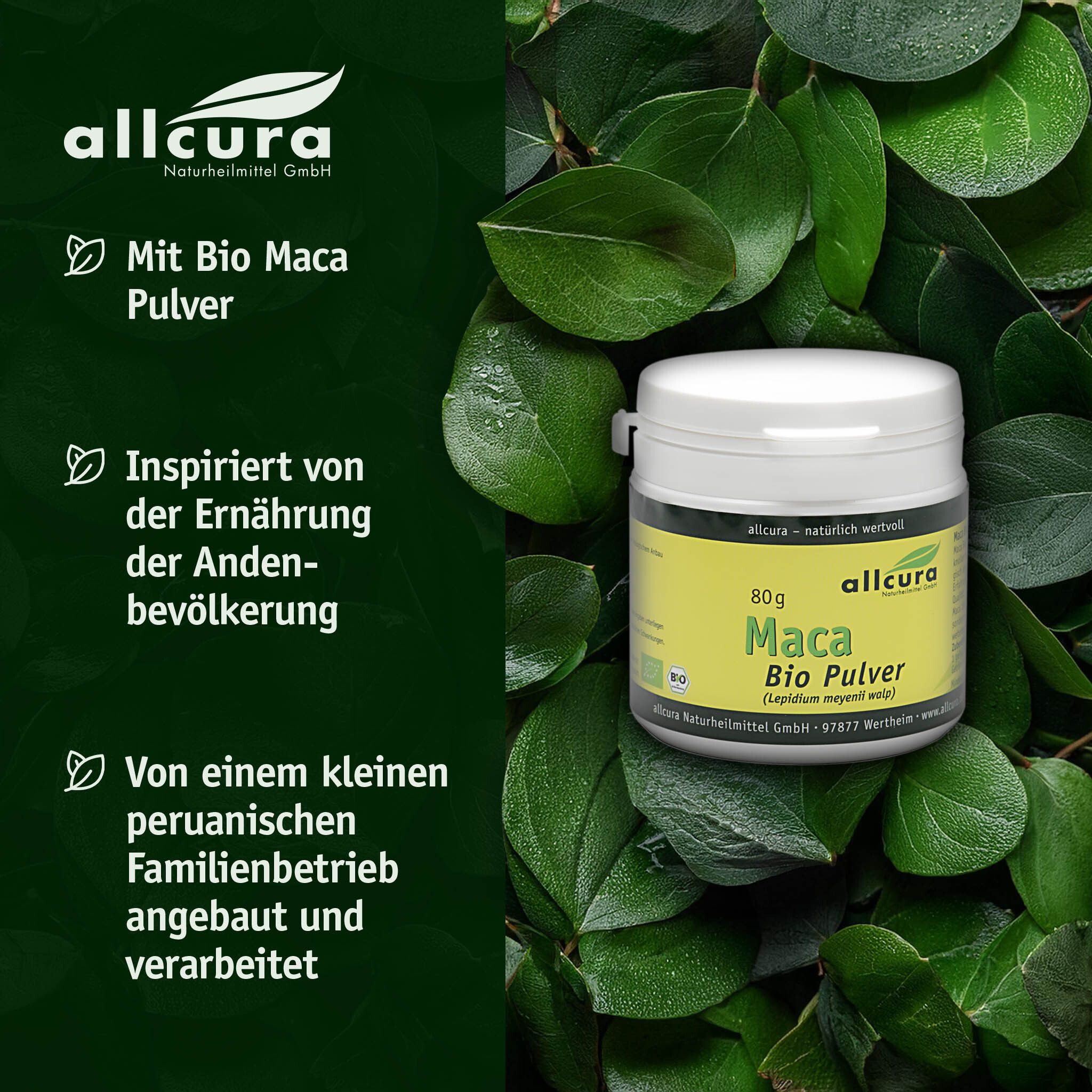 Produktverpackung vor grünem Hintergrund. Text: Mit Bio Maca Pulver. Inspiriert von der Ernährung der Andenbevölkerung.