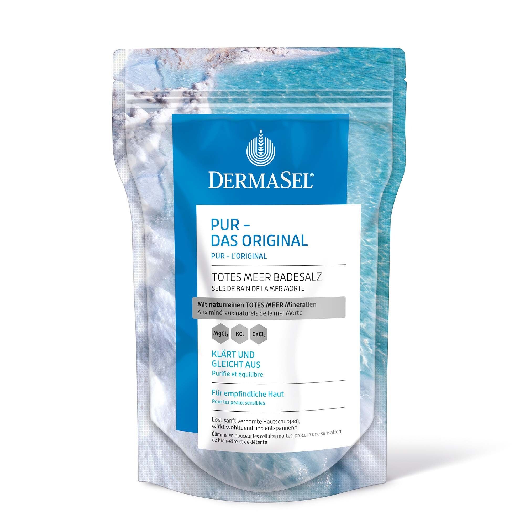 Beutel mit DermaSel® Bad PUR. Text: PUR - DAS ORIGINAL, Totes Meer Badesalz. Enthält Mineralien. Für empfindliche Haut.