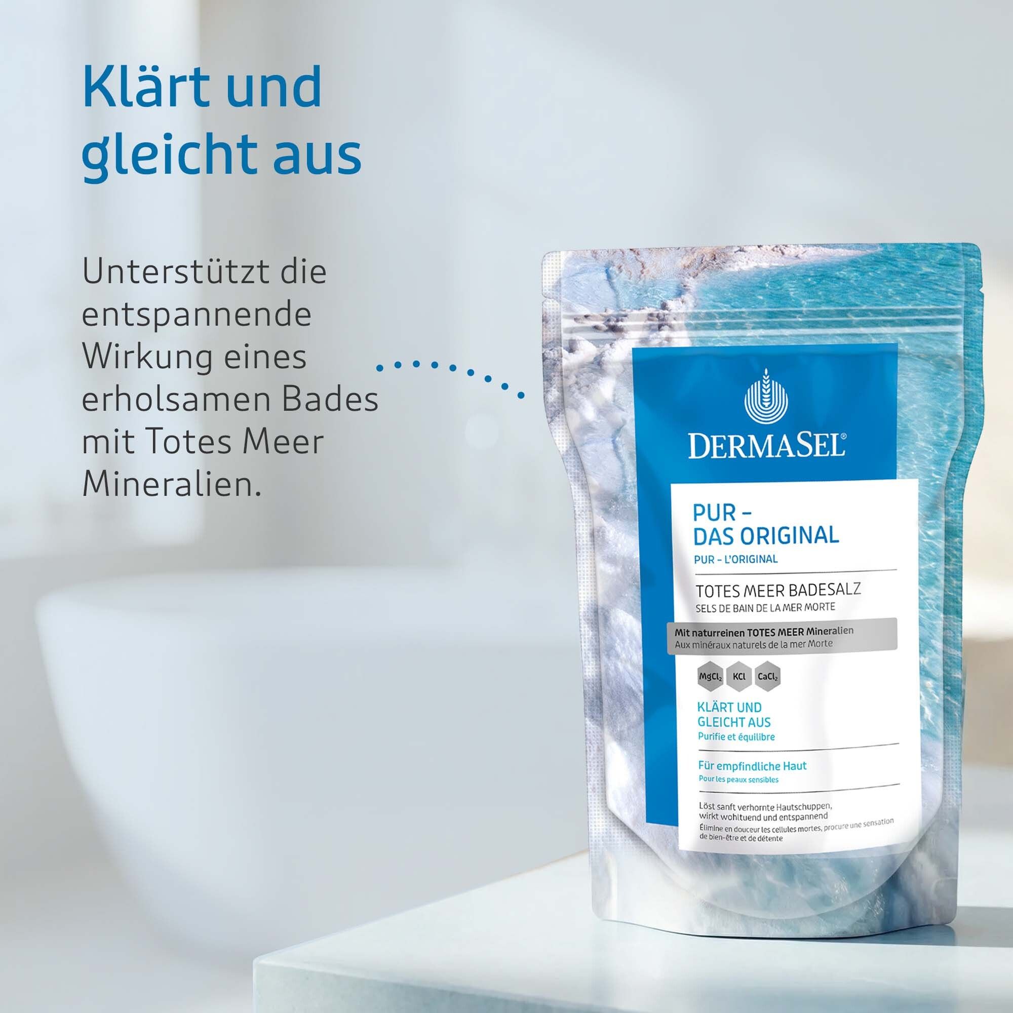 Produktverpackung von DermaSel® Bad PUR. Text: Klärt und gleicht aus. Unterstützt entspannende Wirkung eines Bades mit Totes Meer Mineralien.