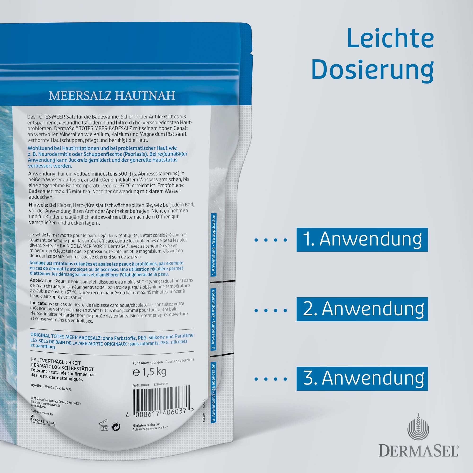 Produktverpackung von DermaSel® Bad PUR. Text: Meersalz hautnah. Anwendungshinweise. 1,5 kg. Leichte Dosierung.