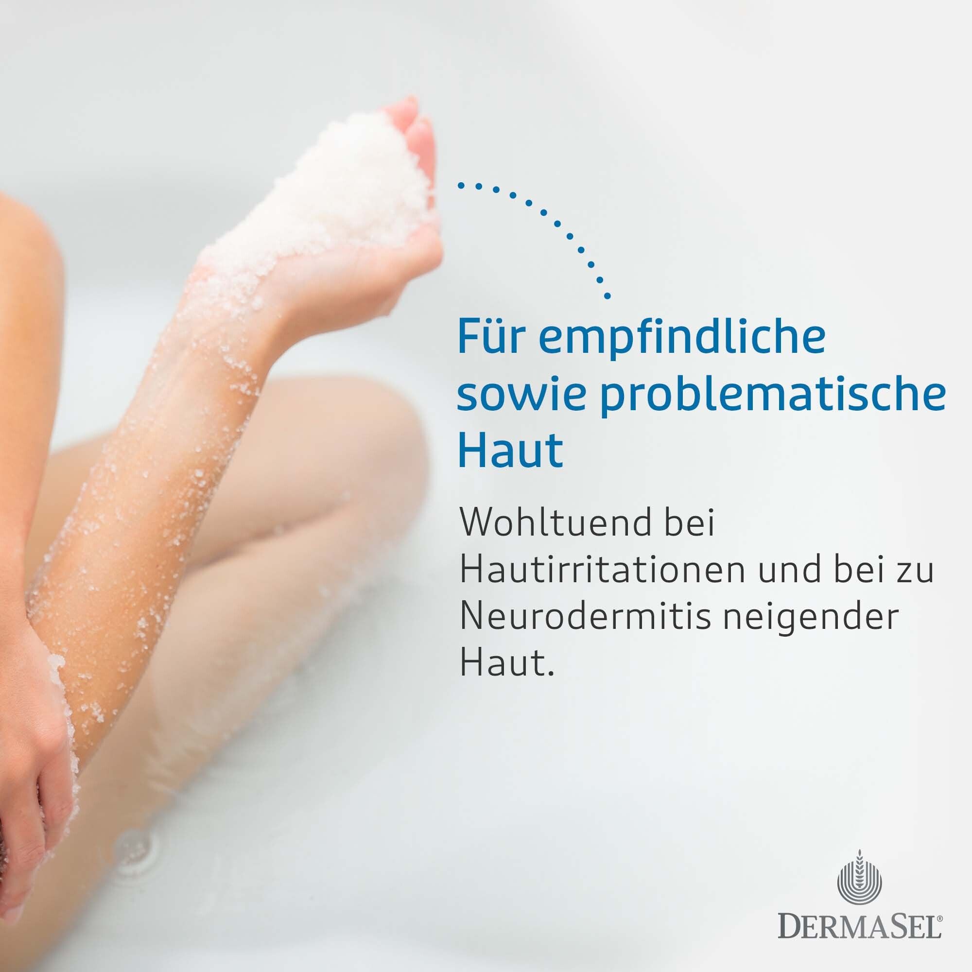 Person in Badewanne. Hand hält Salz. Text: Für empfindliche sowie problematische Haut. Wohltuend bei Hautreizungen.