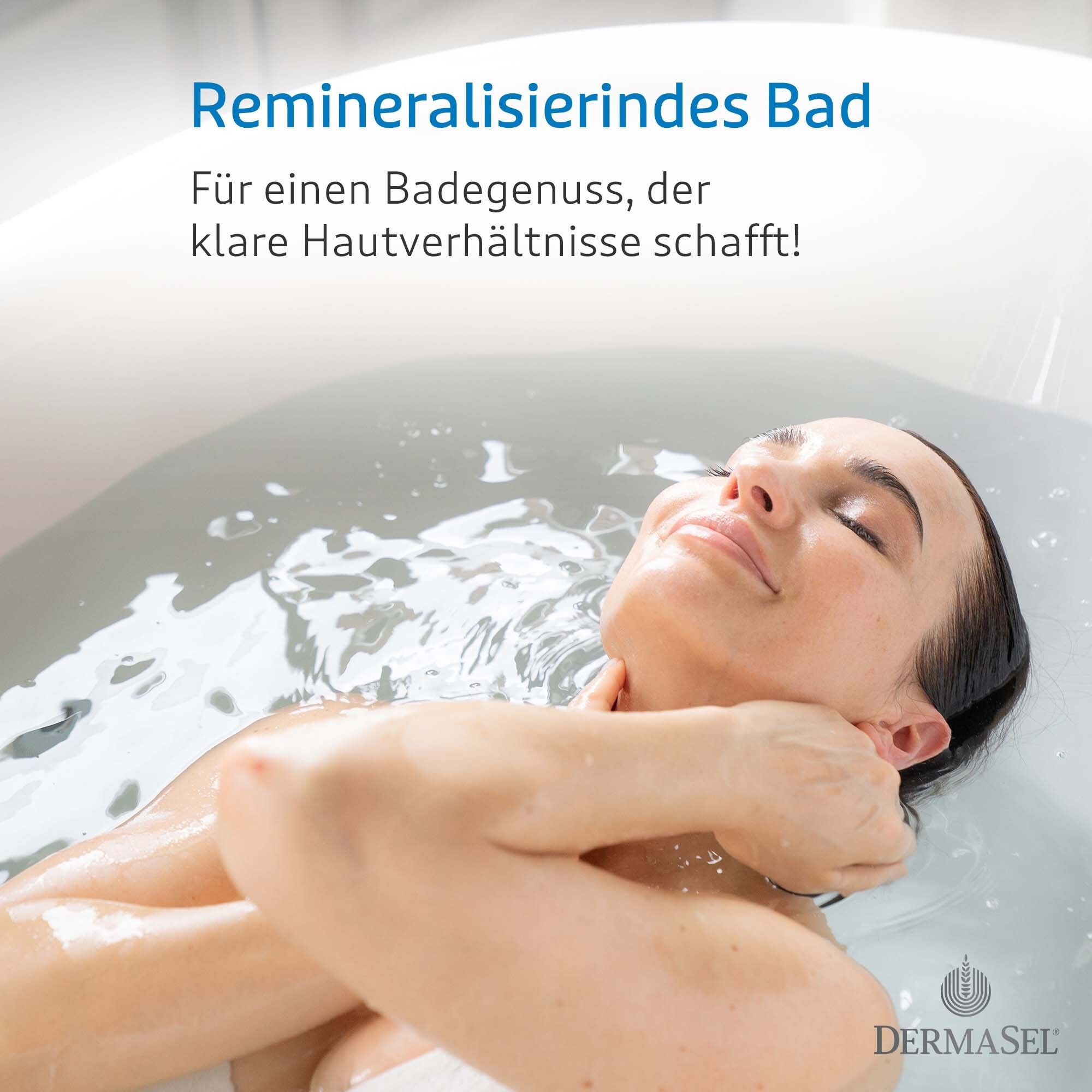 Frau in Badewanne. Text: Remineralisierendes Bad. Für einen Badegenuss, der klare Hautverhältnisse schafft!