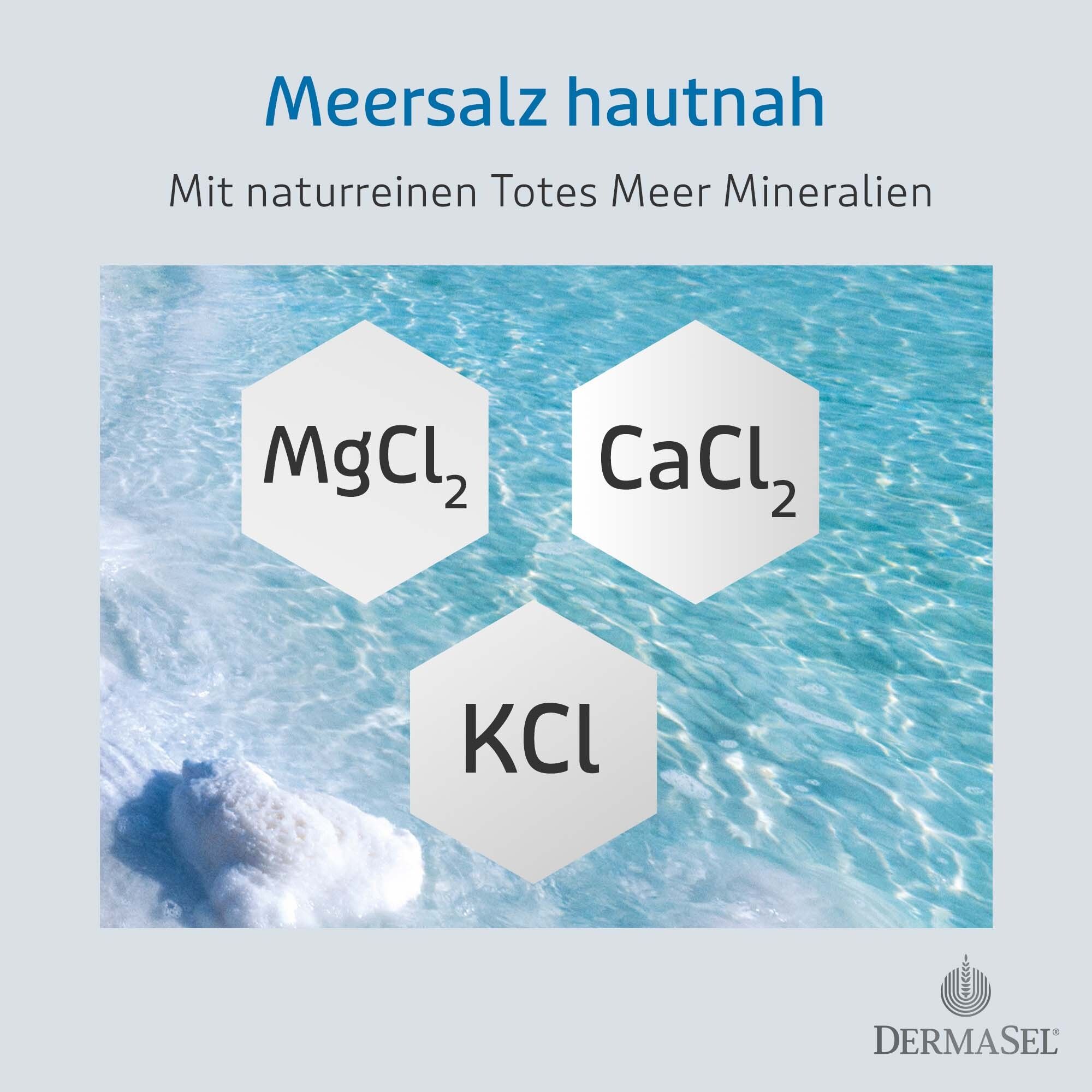 Grafik: Wasser mit Mineralien. Text: Meersalz hautnah. Mit naturreinen Totes Meer Mineralien. MgCl2, CaCl2, KCl.