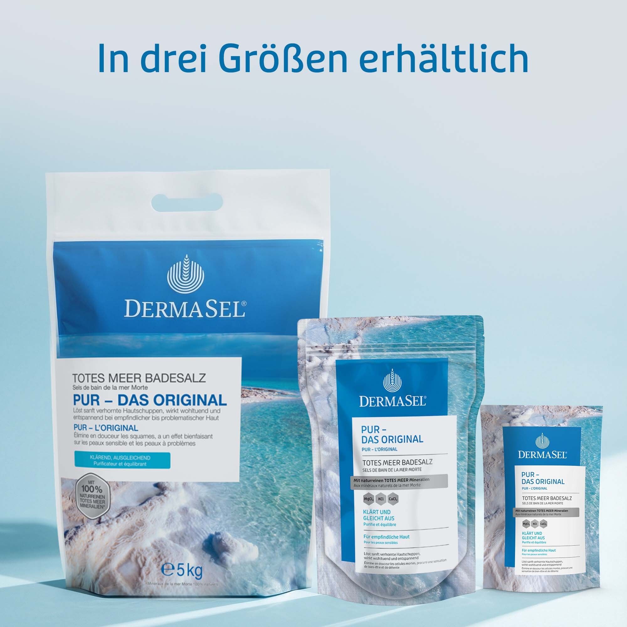 Drei Packungsgrößen von DermaSel® Bad PUR. Text: In drei Größen erhältlich. Produktabbildungen.