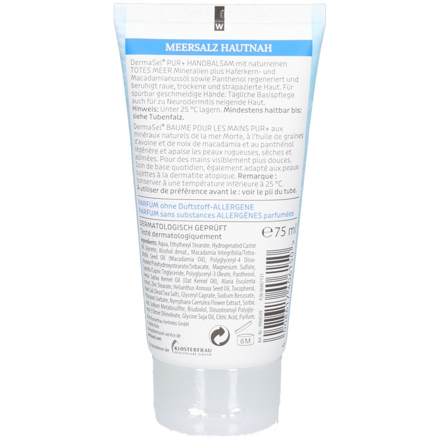 Rückseite der Handbalsam-Tube. Text in Deutsch und Französisch. Enthält Inhaltsstoffe und Herstellerinformationen. Tube mit 75 ml Inhalt.