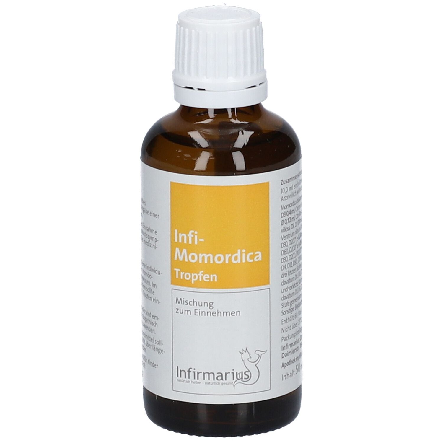 Braune Glasflasche mit weißem Deckel. Etikett mit gelbem Feld und Text: Infi-Momordica Tropfen. Mischung zum Einnehmen.