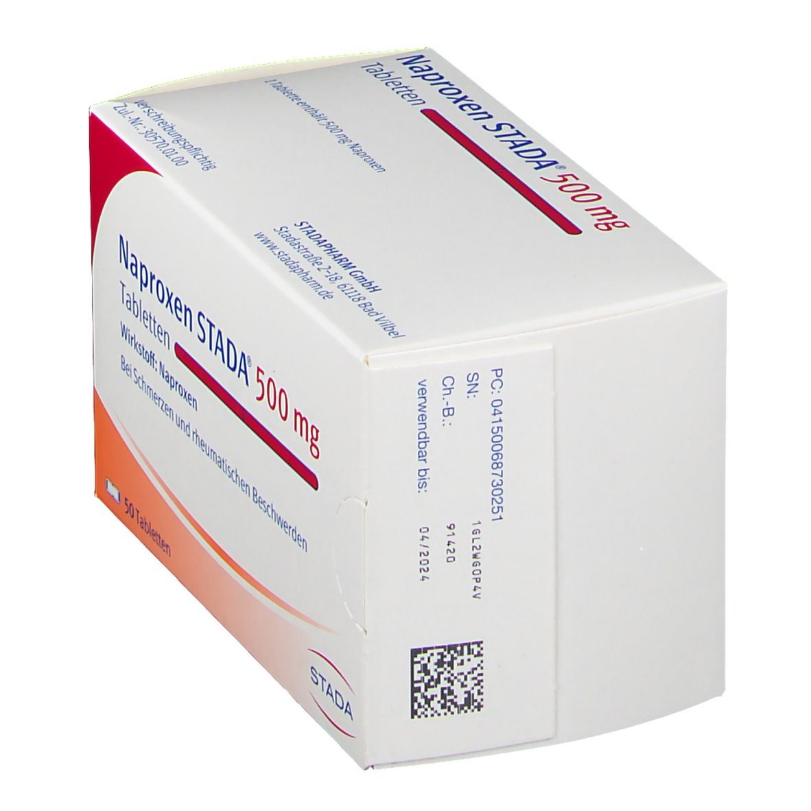 Schachtel Naproxen STADA 500 mg Tabletten. Weiße Verpackung mit roter Schrift. Text: 50 Tabletten, STADA.