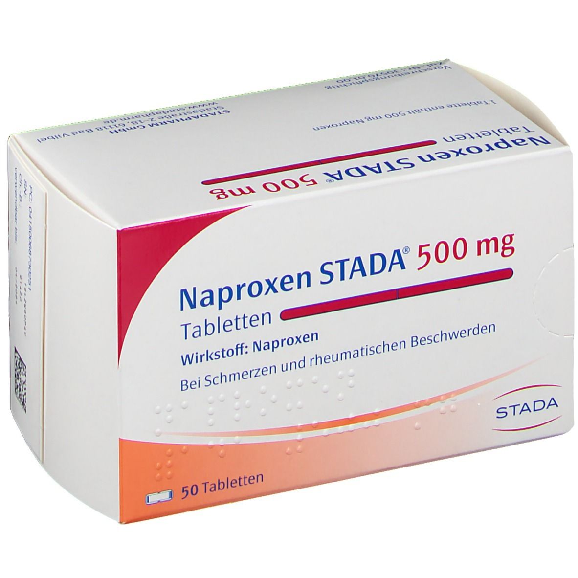 Schachtel mit Naproxen STADA 500 mg Tabletten. Rote und weiße Verpackung. Text: 50 Tabletten, STADA.