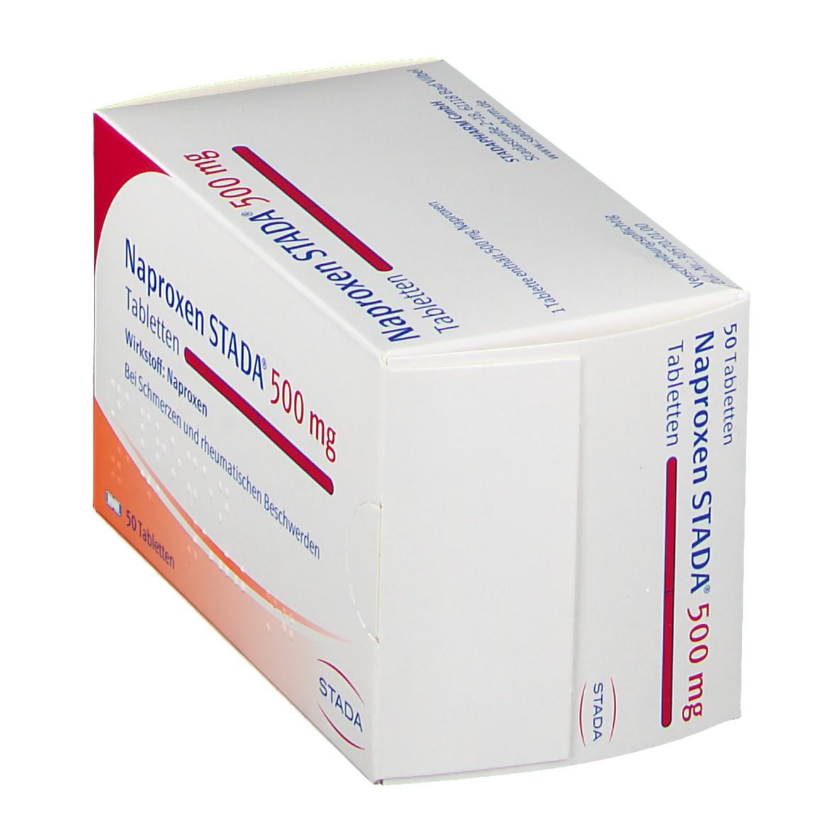Schachtel Naproxen STADA 500 mg Tabletten. Weiße Verpackung mit roter Schrift. Text: 50 Tabletten, STADA.