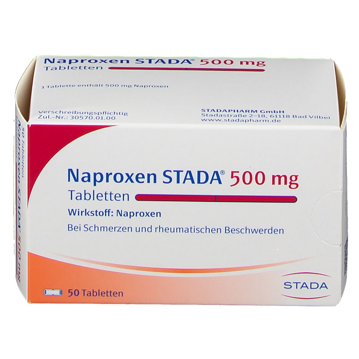 Schachtel mit Naproxen STADA 500 mg Tabletten. Rote und weiße Verpackung. Text: 50 Tabletten, STADA.