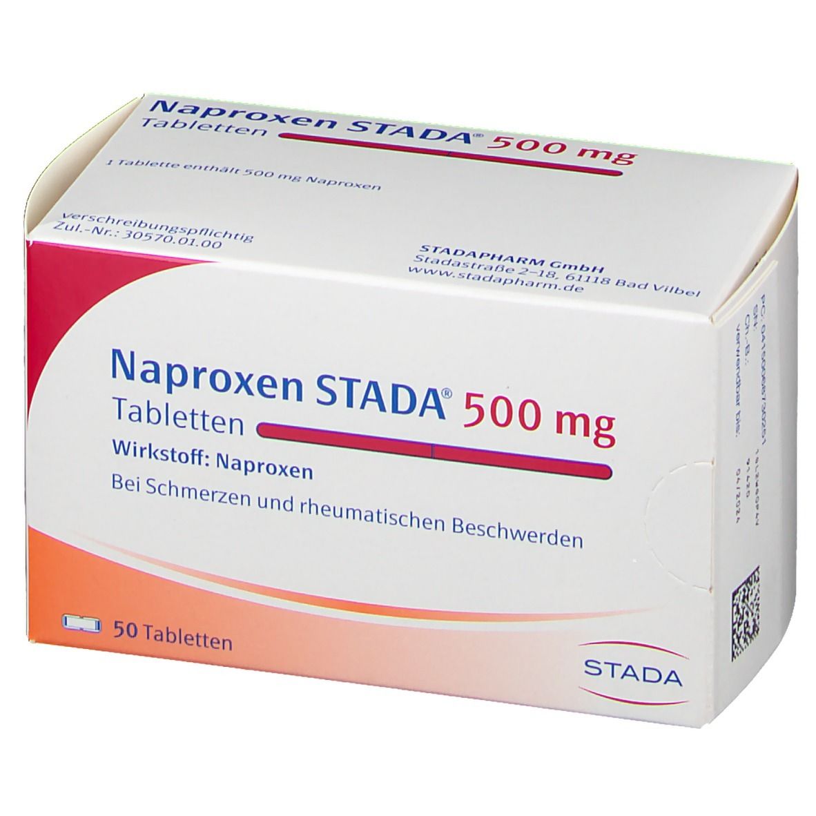 Schachtel mit Naproxen STADA 500 mg Tabletten. Rote und weiße Verpackung. Text: 50 Tabletten, STADA.