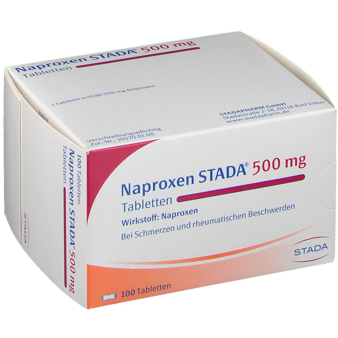 Weißer Karton mit Aufdruck. Aufschrift: Naproxen STADA 500 mg Tabletten. 100 Tabletten. STADA-Logo.