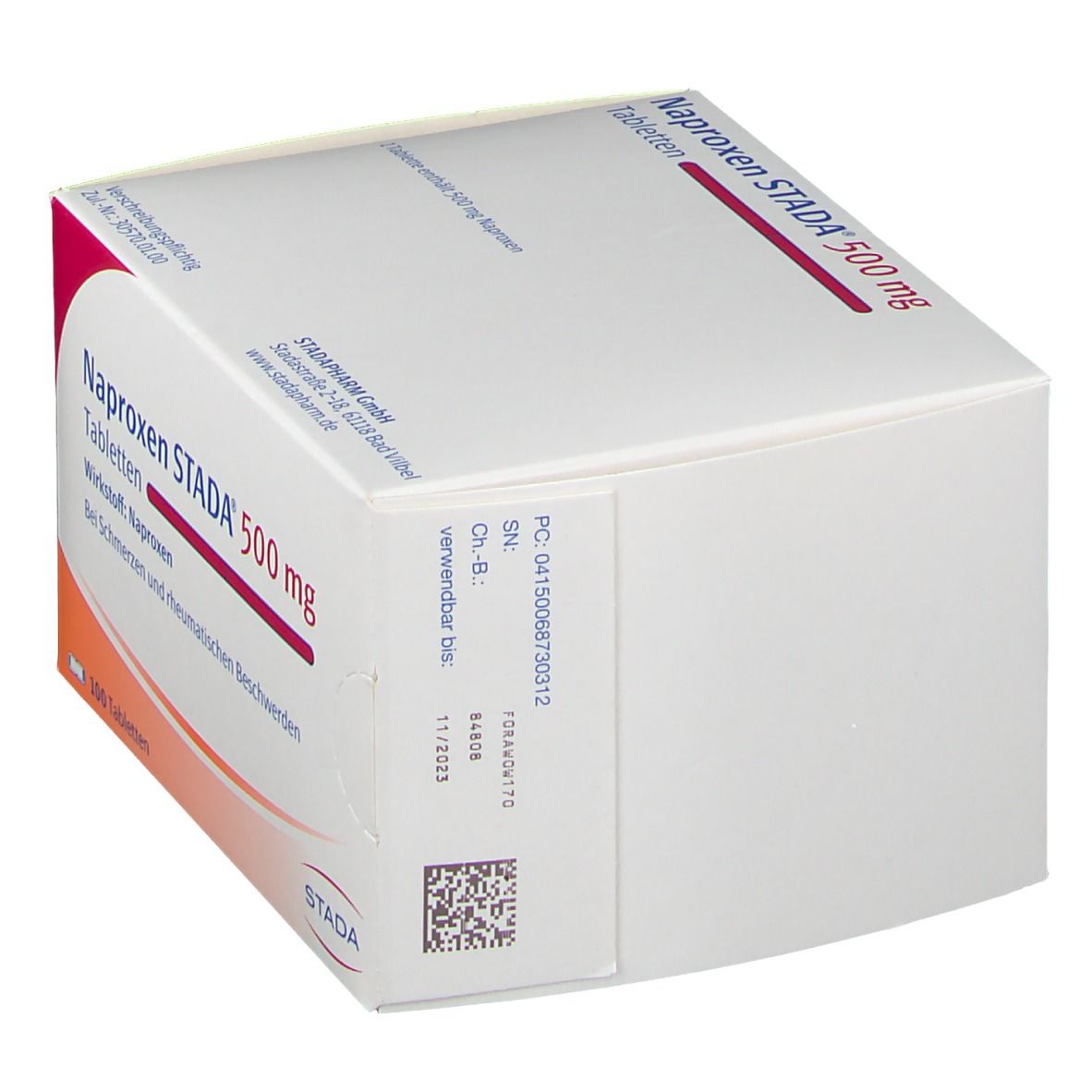 Weißer Karton, Seitenansicht. Aufdruck: Naproxen STADA 500 mg Tabletten. STADA-Logo. Informationen und Barcode.